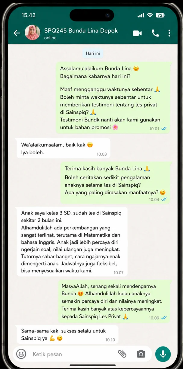 Testimoni WhatsApp Bunda Lina, orang tua siswa Sainspiq dari Depok