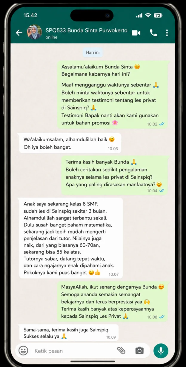 Testimoni WhatsApp Bunda Sinta, orang tua siswa Sainspiq dari Purwokerto