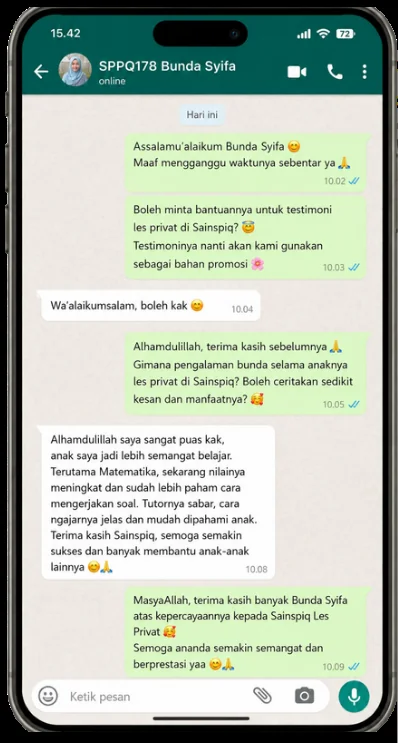 Testimoni WhatsApp Bunda Syifa, orang tua siswa Sainspiq