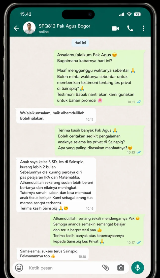 Testimoni WhatsApp Pak Agus, orang tua siswa Sainspiq dari Bogor