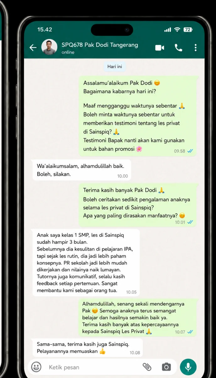 Testimoni WhatsApp Pak Dodi, orang tua siswa Sainspiq dari Tangerang