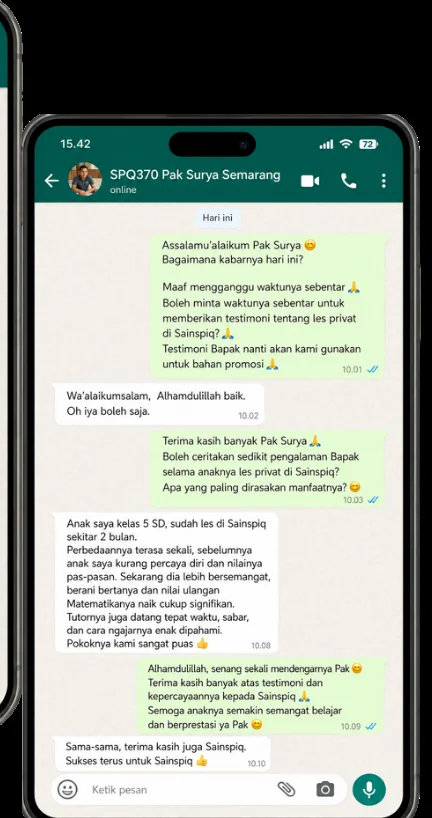 Testimoni WhatsApp Pak Surya, orang tua siswa Sainspiq dari Semarang